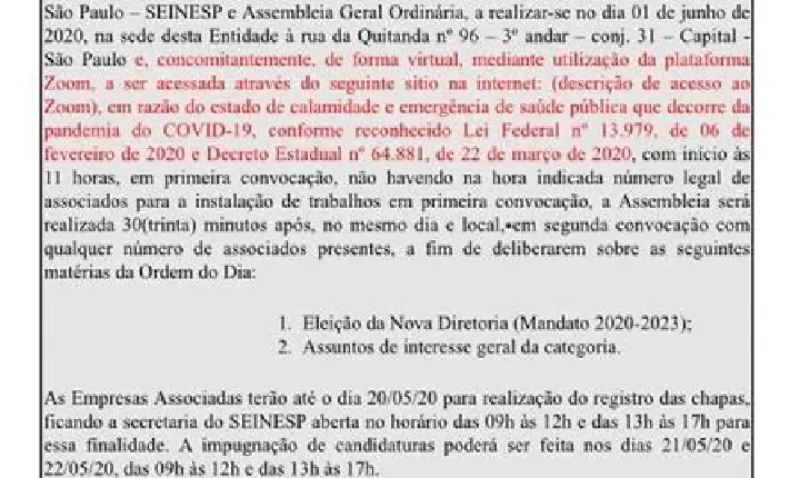 Edital de convocação para eleição de diretoria e Assembléia Geral Ordinária